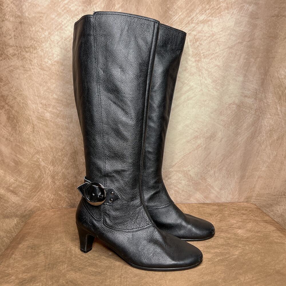 Y2K Calf High Heeled Boots Black Leather Buckle Zip Up Euro Witchy Indie Sleaze